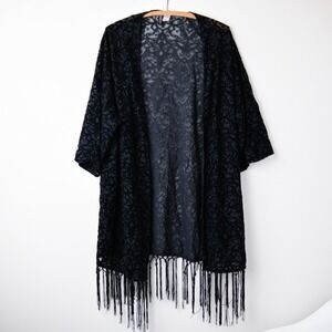Divided H&M Kimono Womens Large Black Velvet Burnout Boho Whimsygoth Fringe